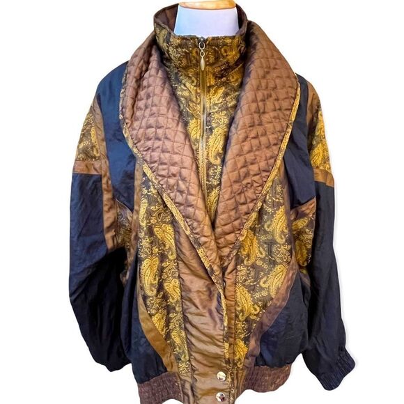Vintage 80’s Lavon Cheerful Corp paisley windbreaker jacket black gold medium - Picture 1 of 7